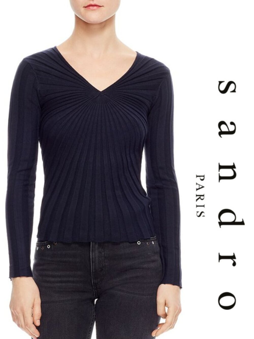 Sandro Paris Justine V-Neck Knit Jumper Sweater Top Navy Blue Rib Cotton $240